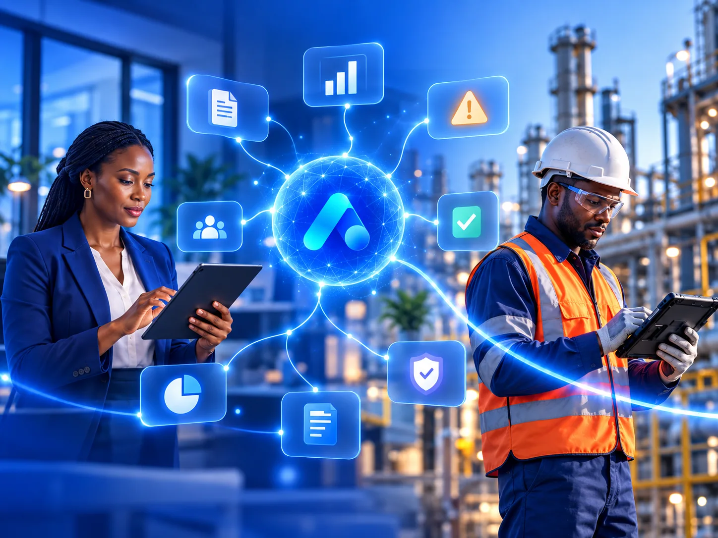 Une responsable QHSE sur tablette au bureau et un technicien en tenue de sécurité sur site industriel, reliés par Akilipilot : rapports, indicateurs, risques, équipes, actions, conformité, tableaux de bord et signalements