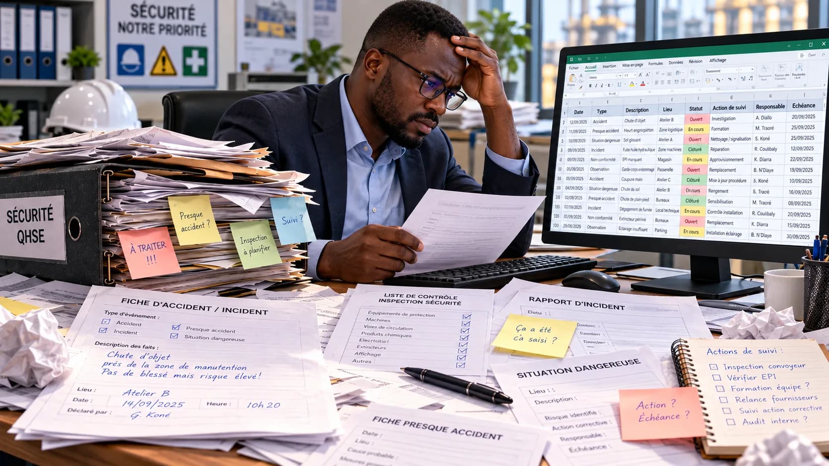 Un responsable QHSE, la tête dans la main, devant des fiches d'accident et de situation dangereuse, des post-it « À traiter » et un tableur de suivi à l'écran