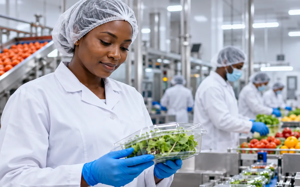 Technicienne en blouse, charlotte et gants, contrôlant une barquette de salade sur une ligne de conditionnement