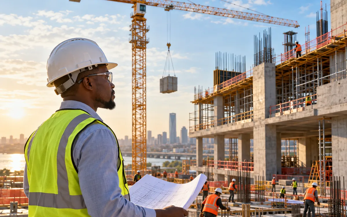 Conducteur de travaux en gilet haute visibilité, plans en main, devant un chantier d’immeuble et sa grue