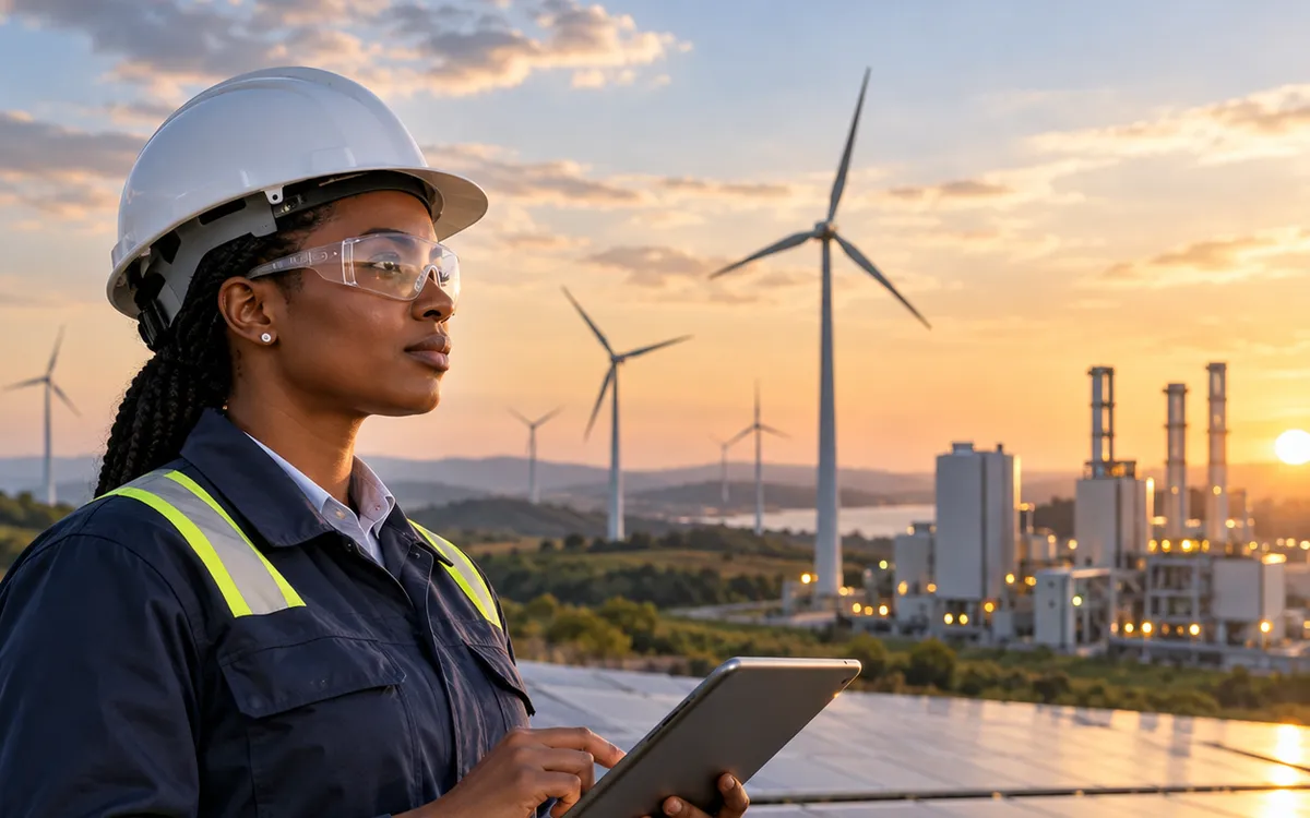 Technicienne casquée relevant des données sur tablette devant des éoliennes, des panneaux solaires et une centrale