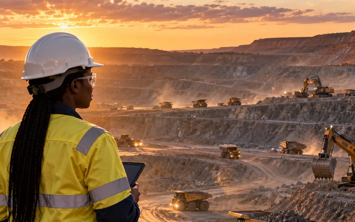 Responsable casquée, tablette en main, au bord d’une mine à ciel ouvert où circulent des tombereaux
